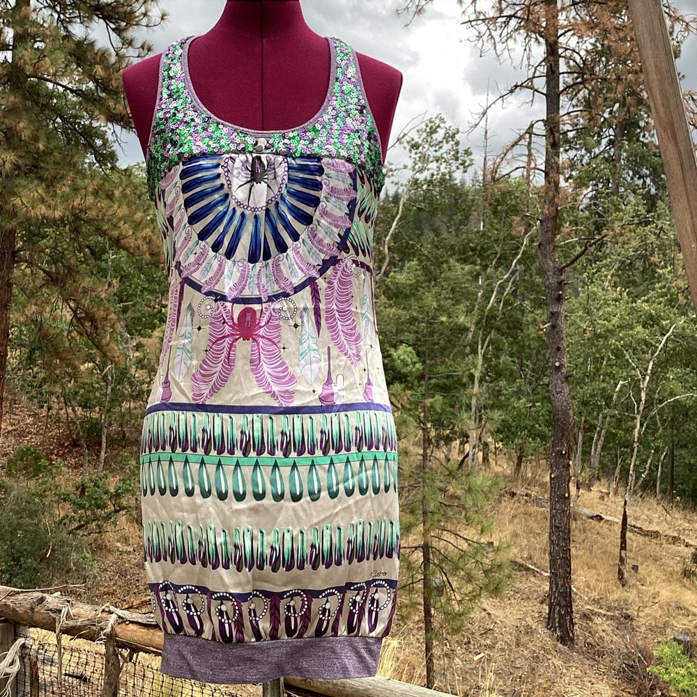 Custo Barcelona Silk Tribal Boho Sequin Mini Tank Dress Size XS Festival Boho